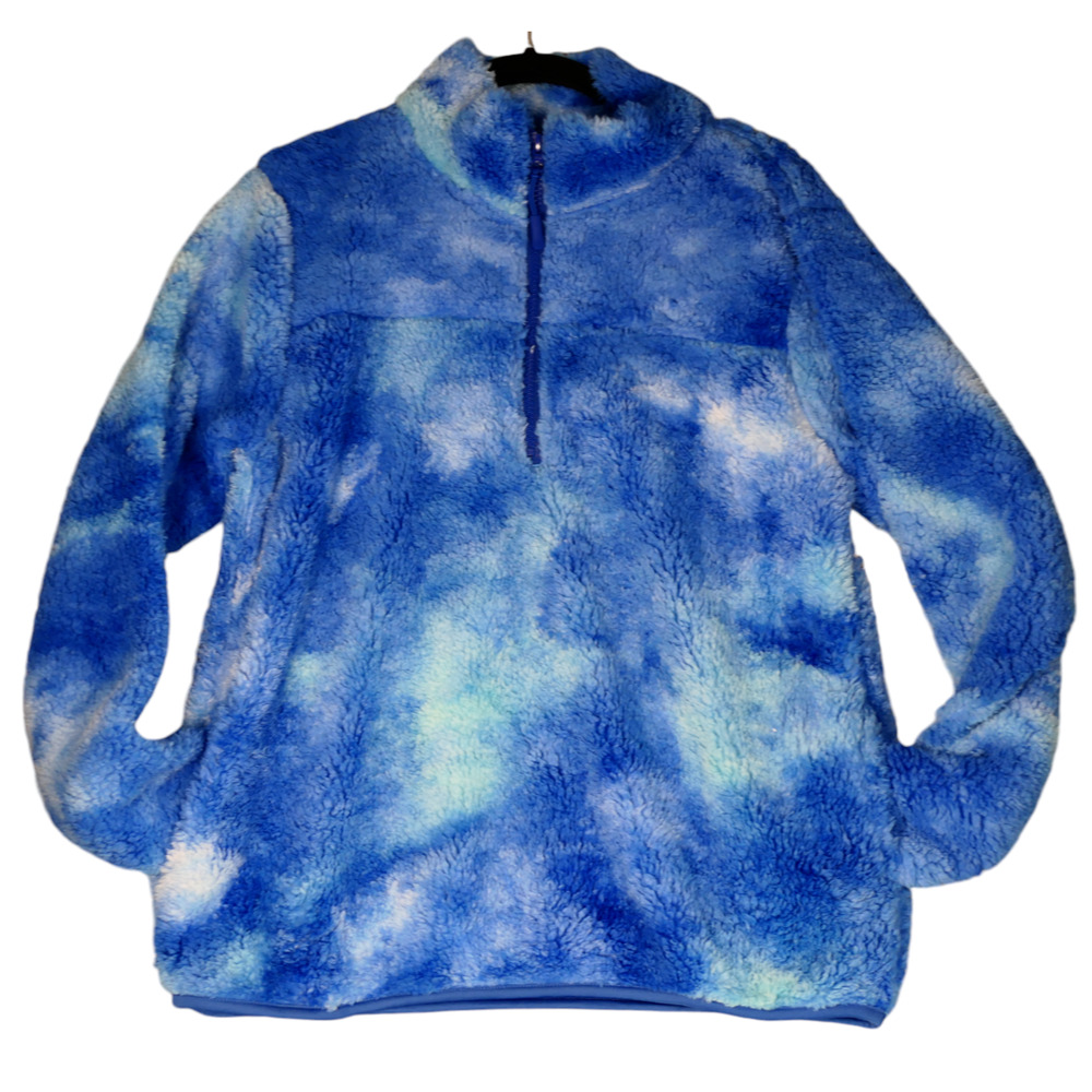 NEW Fuzzy Northern Expedition Fleece Sweater Womens L Blue Tie Dye Pockets $65